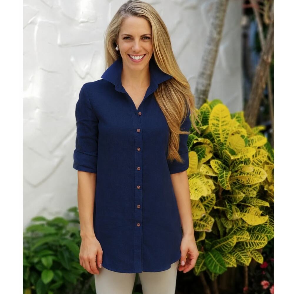 Poeta 100% Linen Navy Button Down Tunic Shirt Size XL Long Sleeve Relaxed Fit